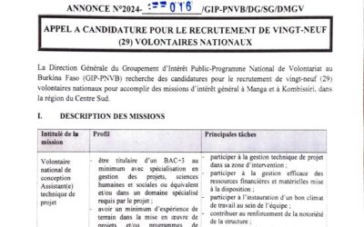 Recrutement de vingt-neuf (29) volontaires nationaux